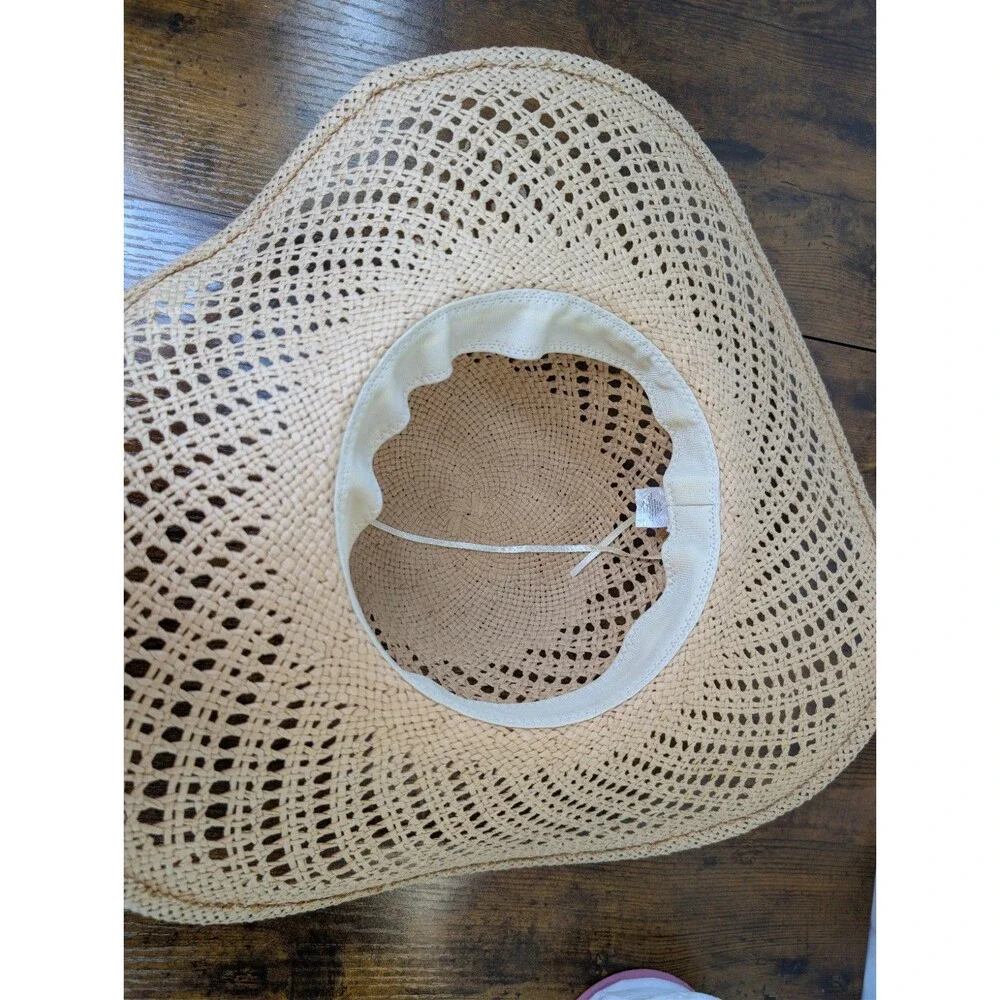 Marcus Adler Wide Brim Straw Sun Hat Open Weave Floppy Beach Boho Bow Tan OS EUC